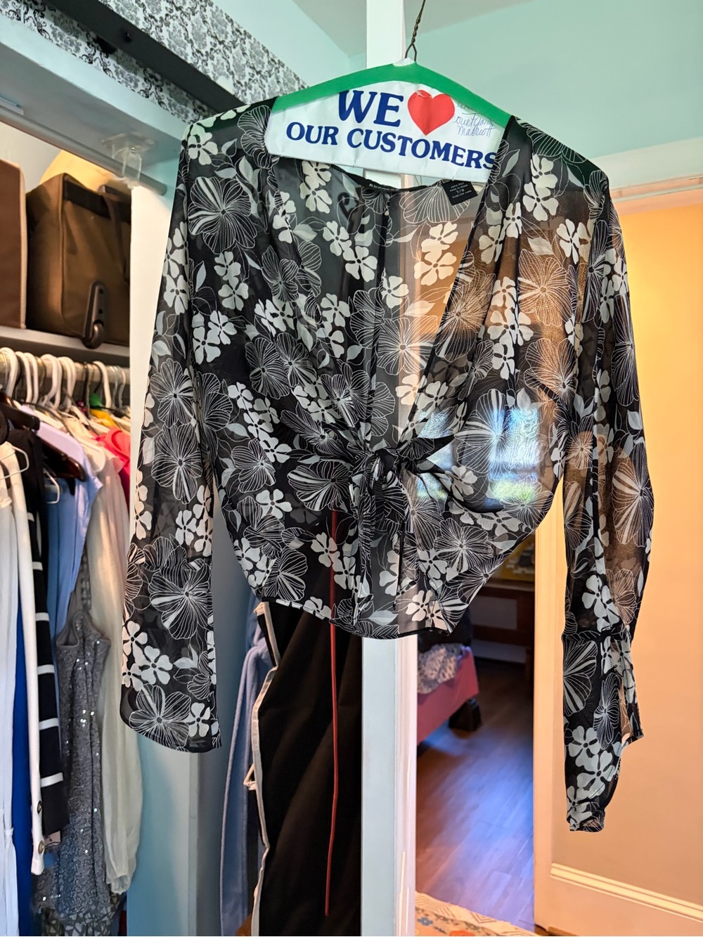 Express Black Sheer Floral Tie-Front Blouse